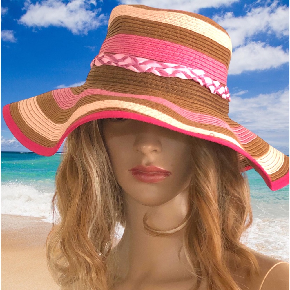 Womens Floppy Sun Hat Woven Pink Brown Boho Festivals Hat Braided Ribbon…